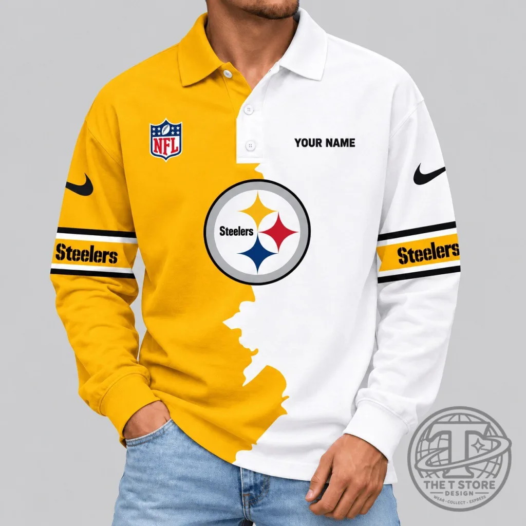 Pittsburgh Steelers NFL Split Panel Long Sleeve Polo Shirt Pittsburgh Steelers NFL Split Panel Long Sleeve Polo Shirt
