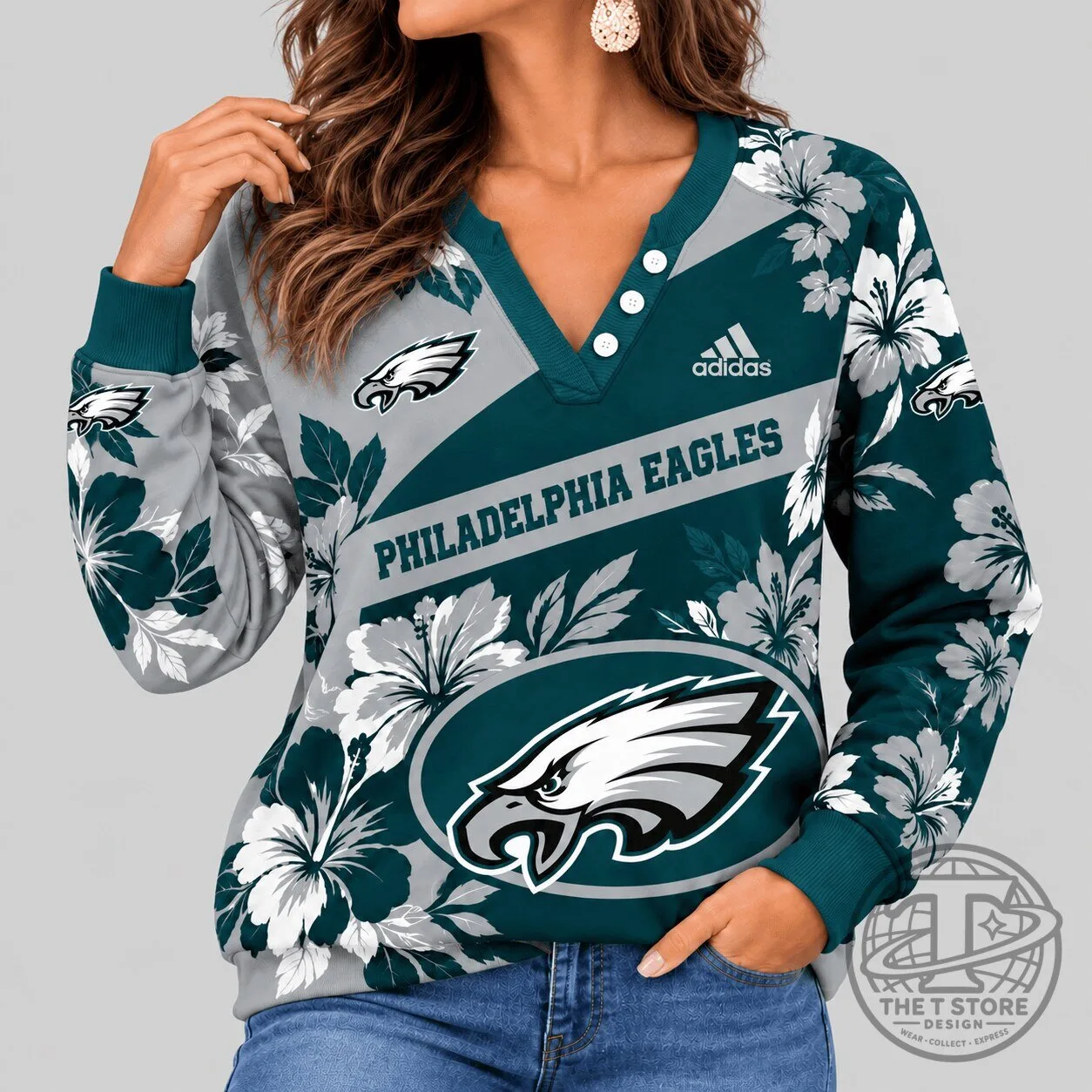 Philadelphia Eagles Tropical Floral Henley Long Sleeve Top