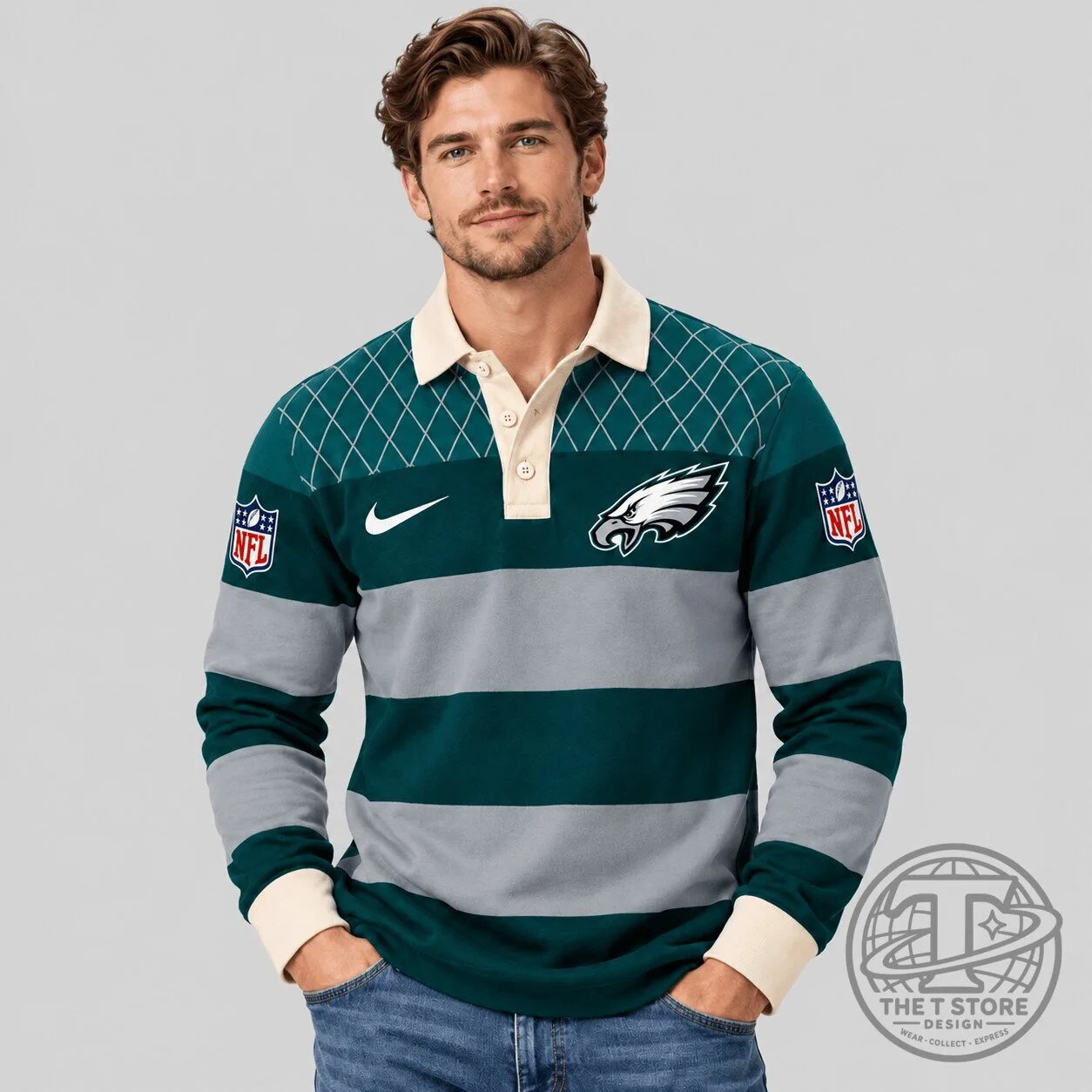 Philadelphia Eagles Striped Rugby Style Long Sleeve Polo Shirt for Men