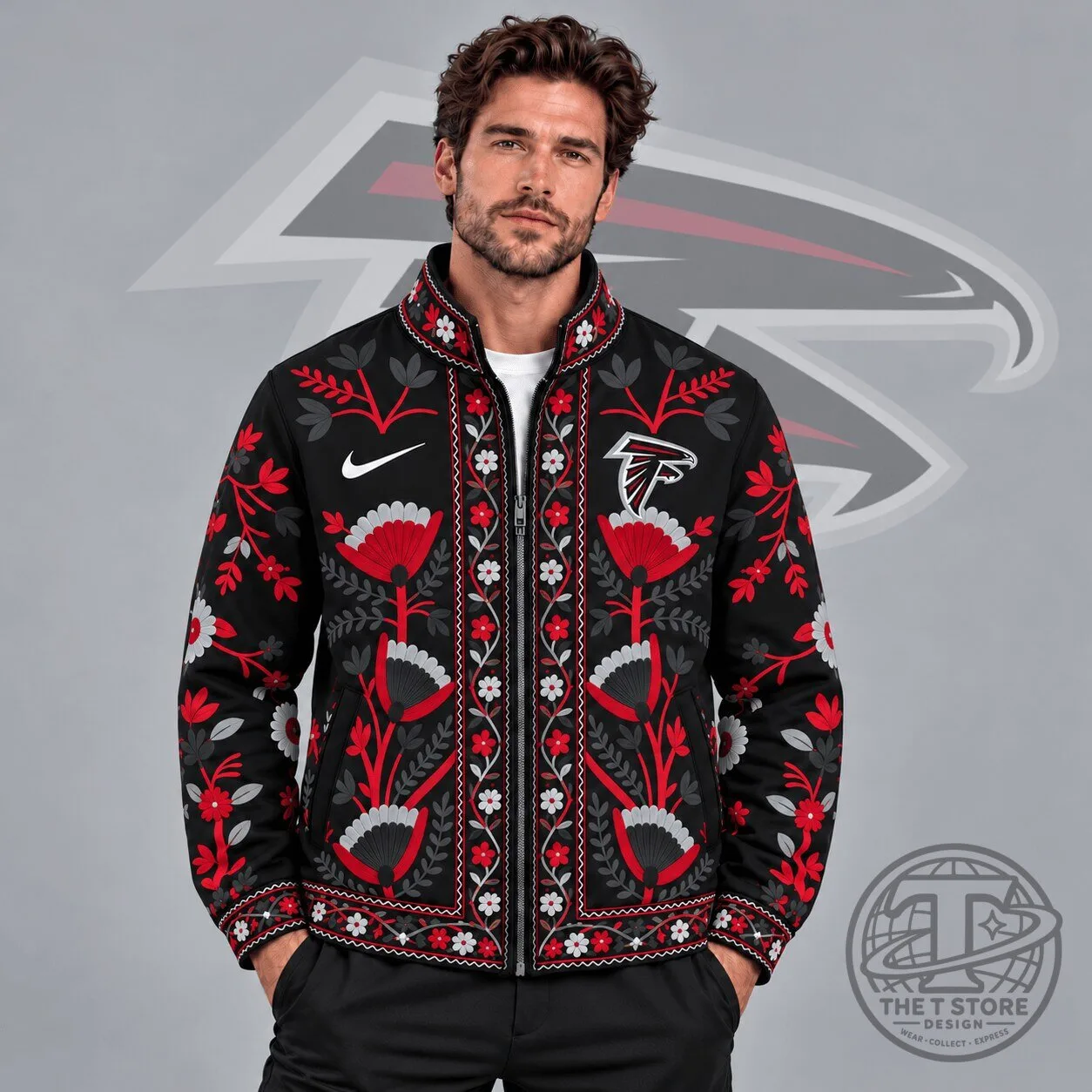 Atlanta Falcons NFL Vintage Folk Art Floral Print Full Zip Jacket