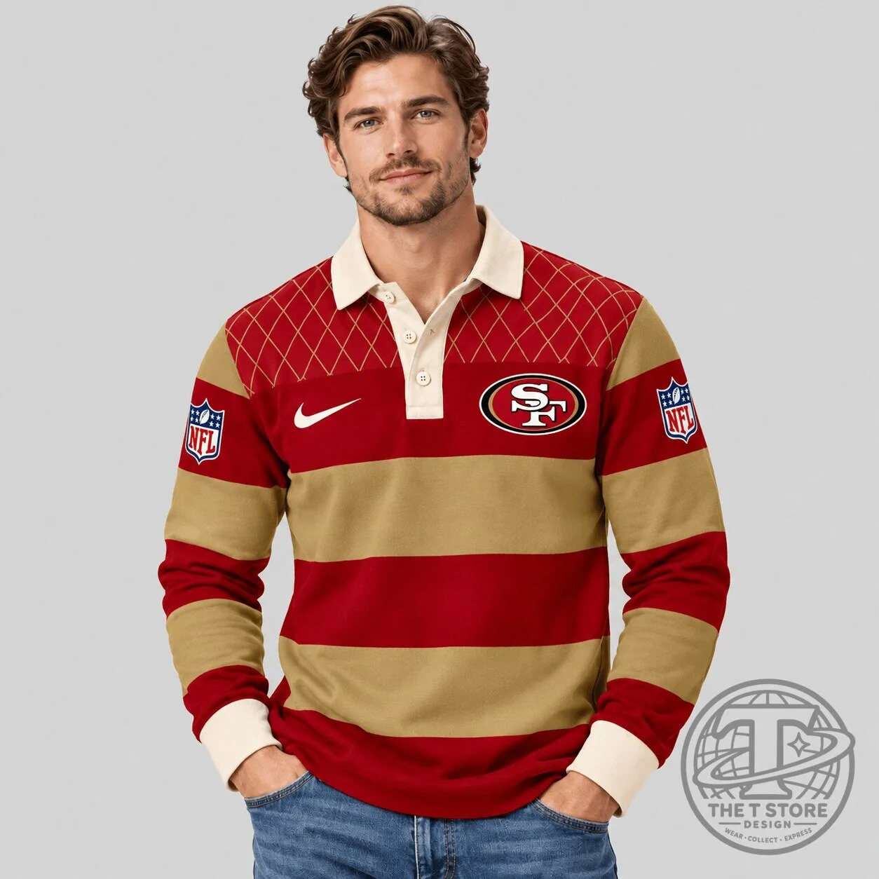 San Francisco 49ers NFL Rugby Stripe Long Sleeve Polo Shirt for Men