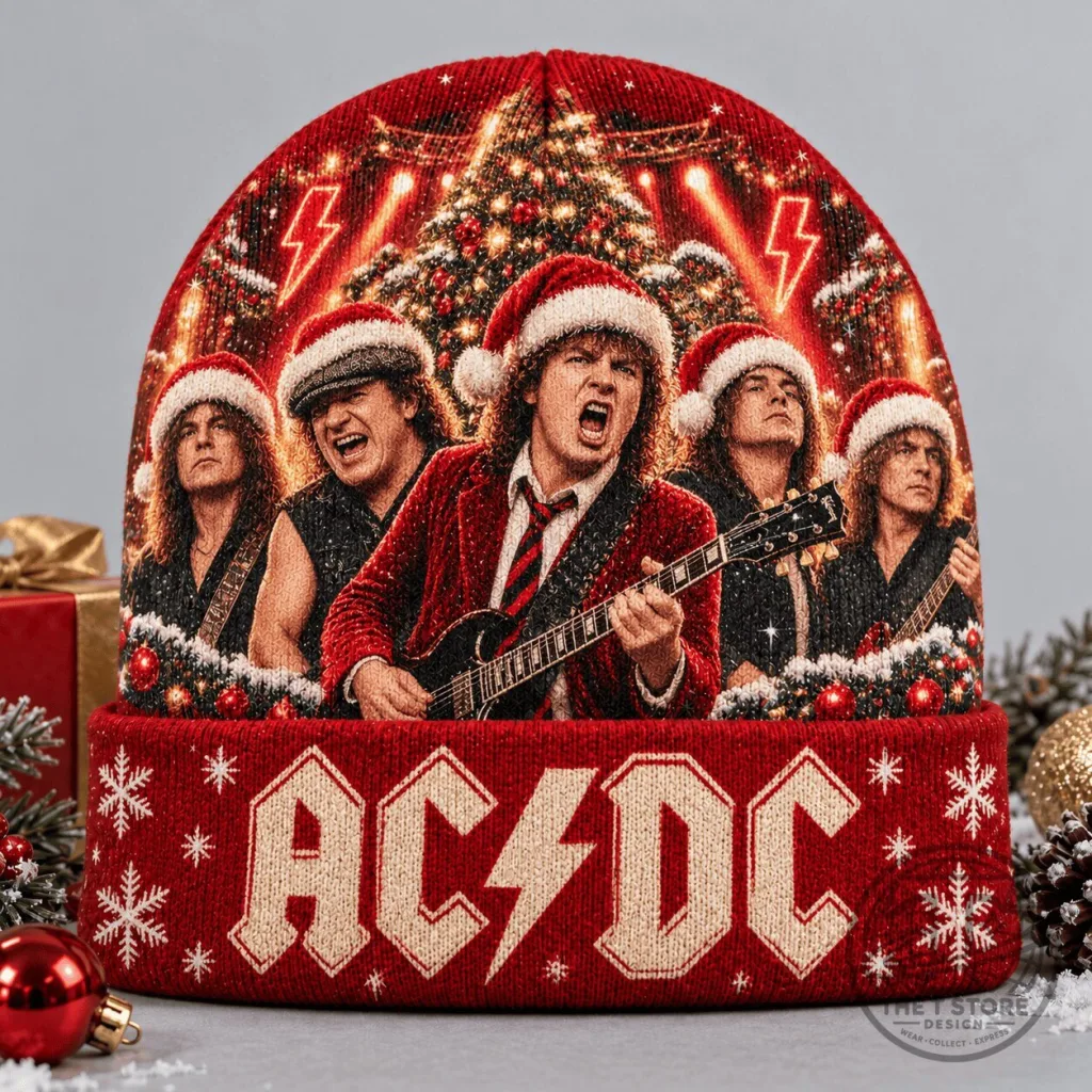 ACDC Christmas Rock Band Portrait Winter Beanie Hat AC/DC Christmas Rock Band Portrait Winter Beanie Hat