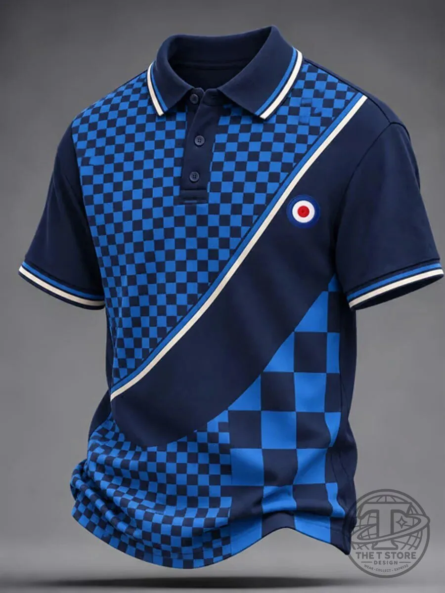 Blue Checkerboard Mod Target Logo Short Sleeve Polo Shirt