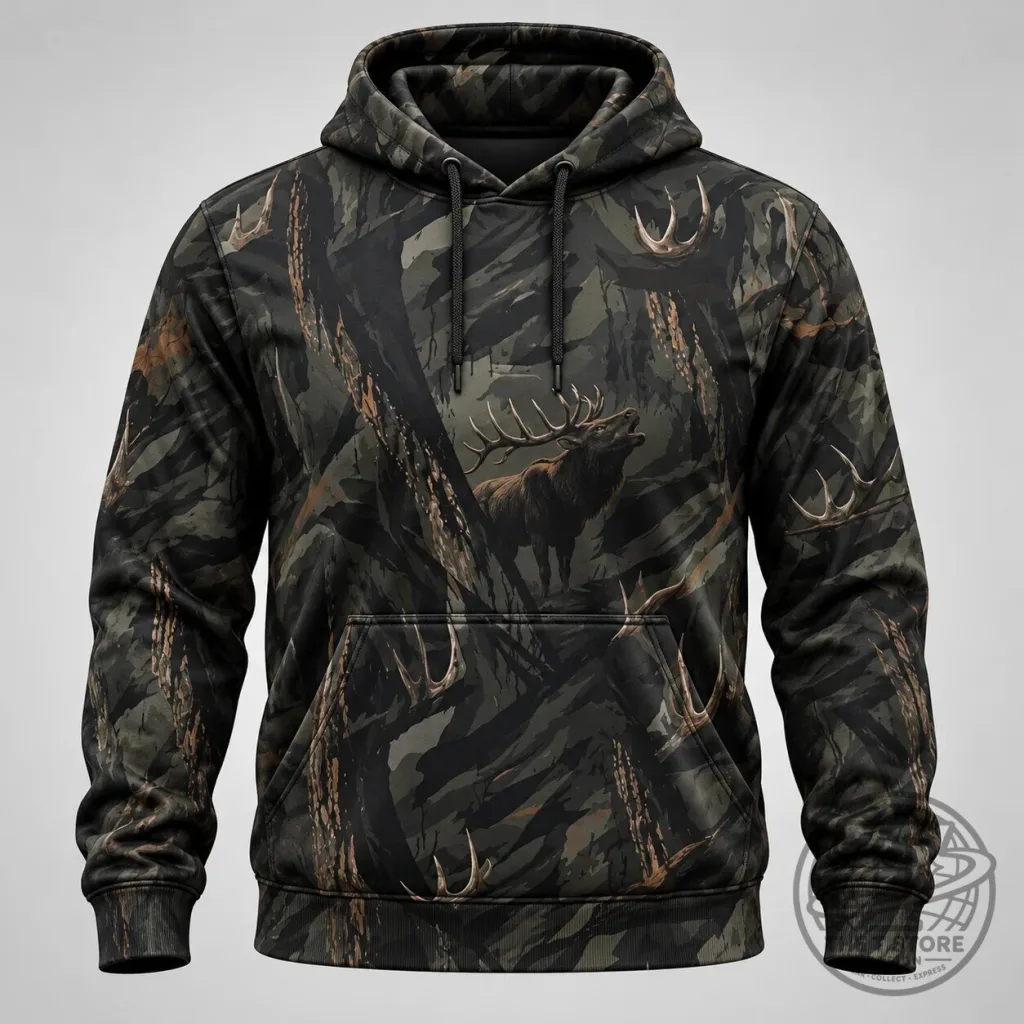 Timber King Elk Camouflage Hunting Hoodie with Antlers and Forest Design Timber King Elk Camouflage Hunting Hoodie with Antlers and Forest Design