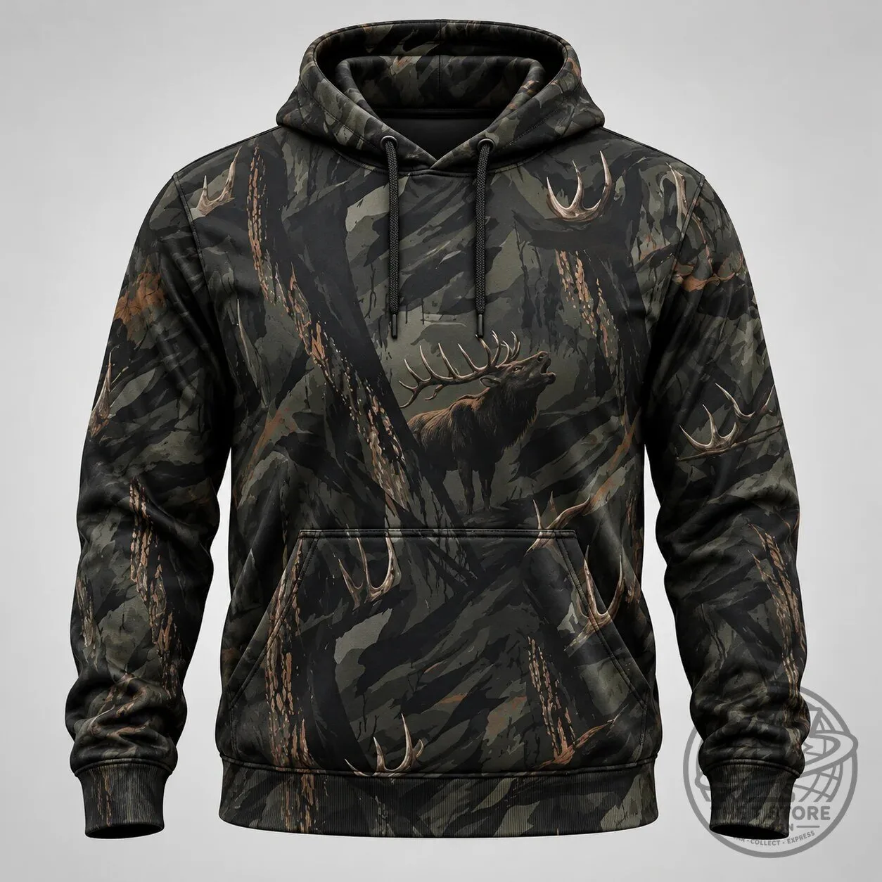 Timber King Elk Camouflage Hunting Hoodie with Antlers and Forest Design