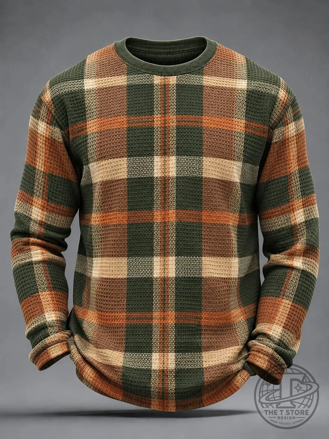 Men's Plaid Waffle Knit Long Sleeve Crewneck Shirt for Autumn and Winter
