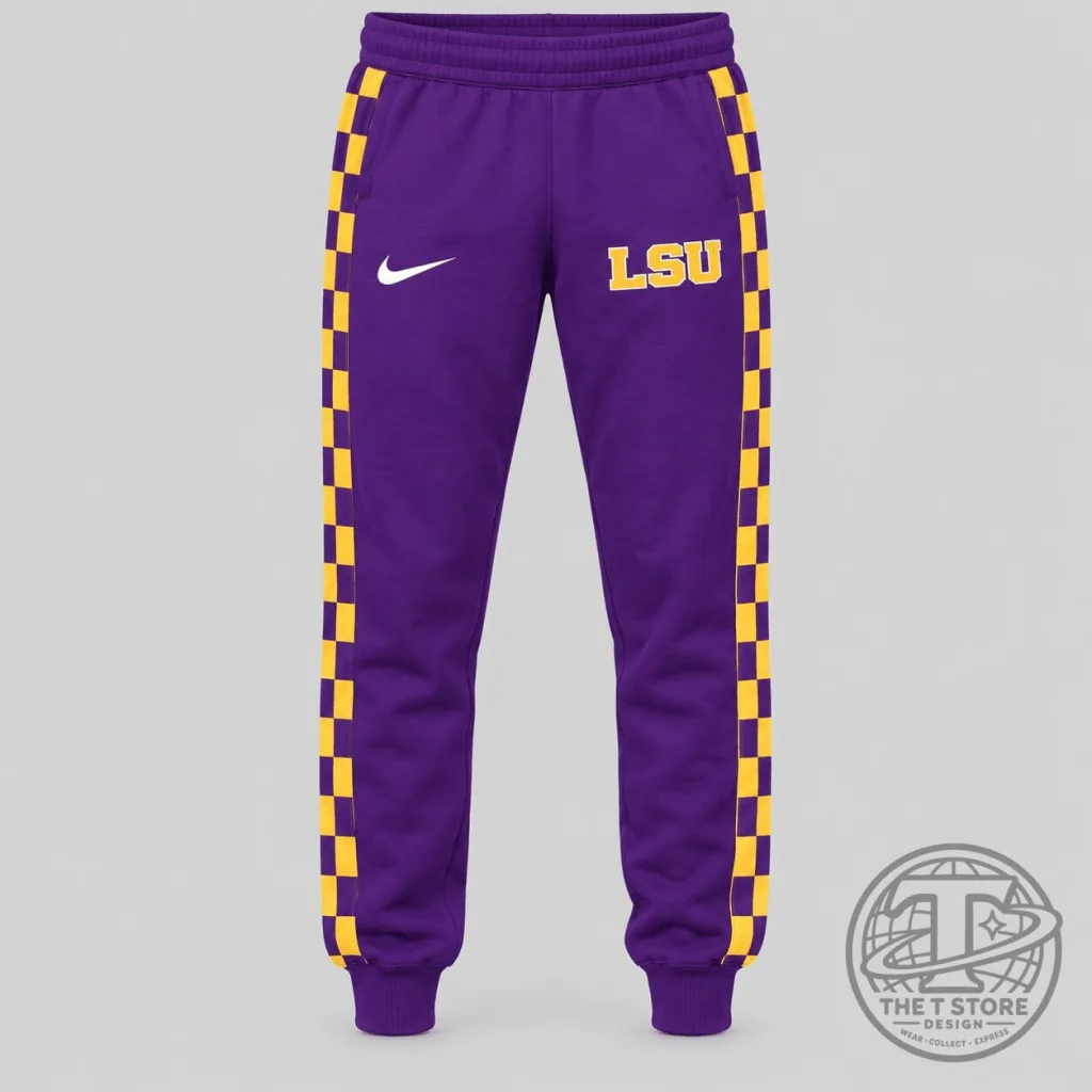 LSU Tigers Checkerboard Side Stripe Purple and Gold NCAA Sweatpants LSU Tigers Checkerboard Side Stripe Purple and Gold NCAA Sweatpants