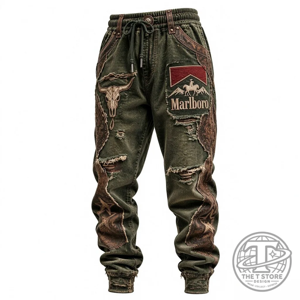 Marlboro Western Style Distressed Corduroy Jogger Pants for Men Marlboro Western Style Distressed Corduroy Jogger Pants for Men
