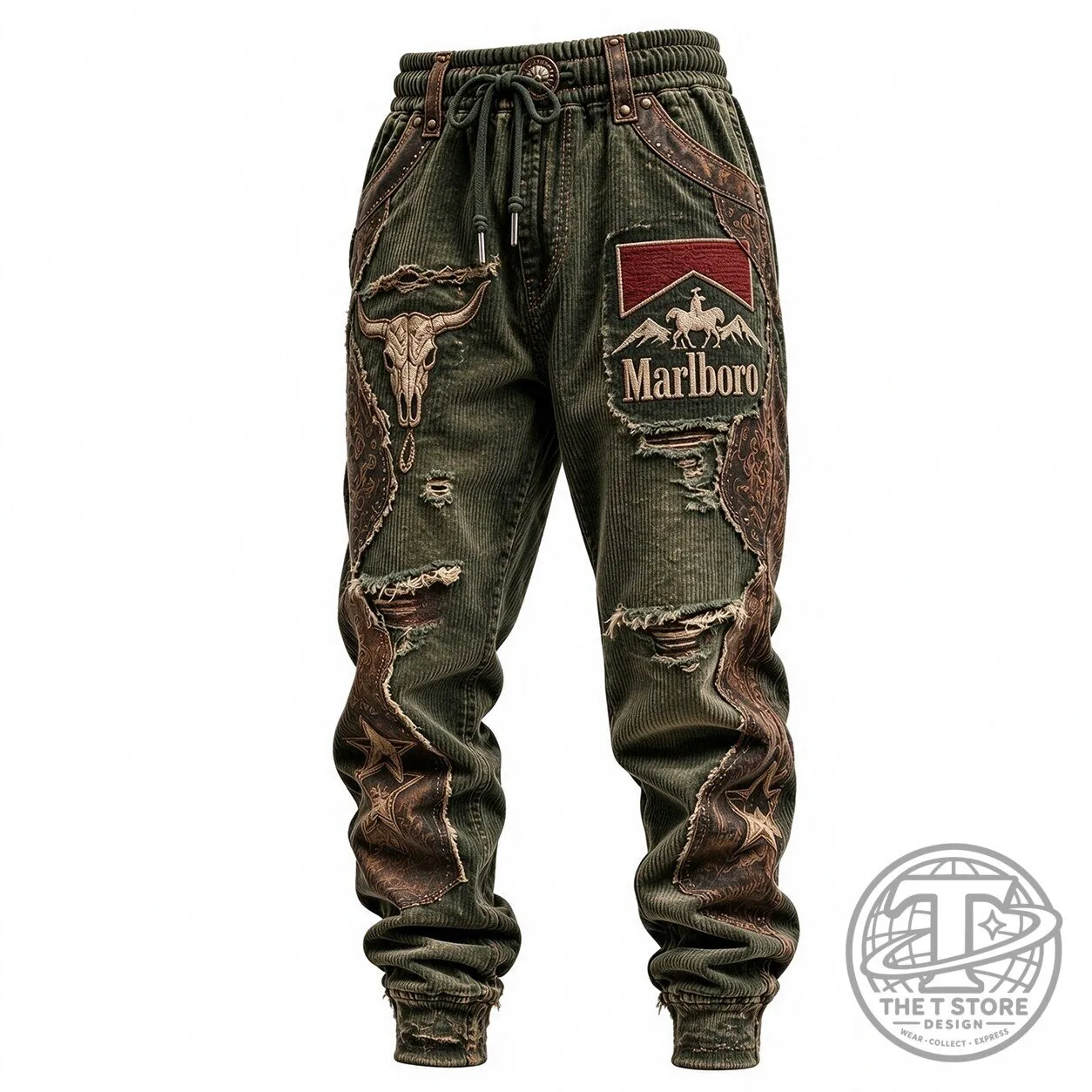 Marlboro Western Style Distressed Corduroy Jogger Pants for Men