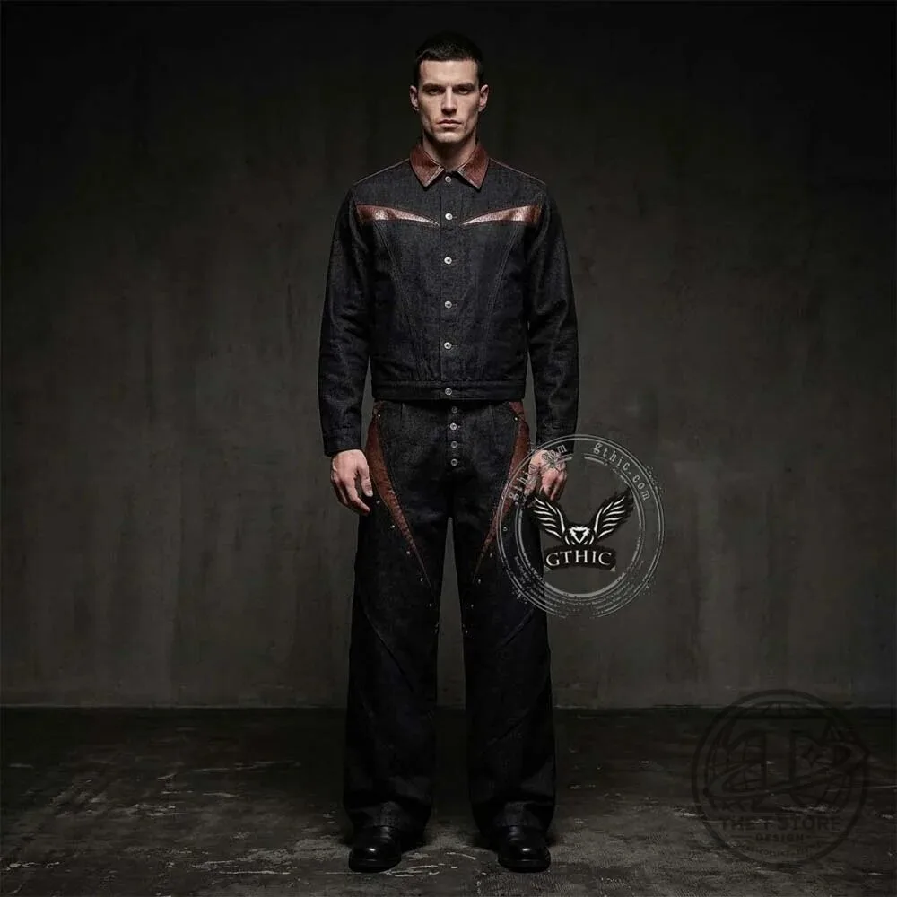 Men's Gothic Black Denim Jacket with Brown Faux Leather Panels and Flared Jeans