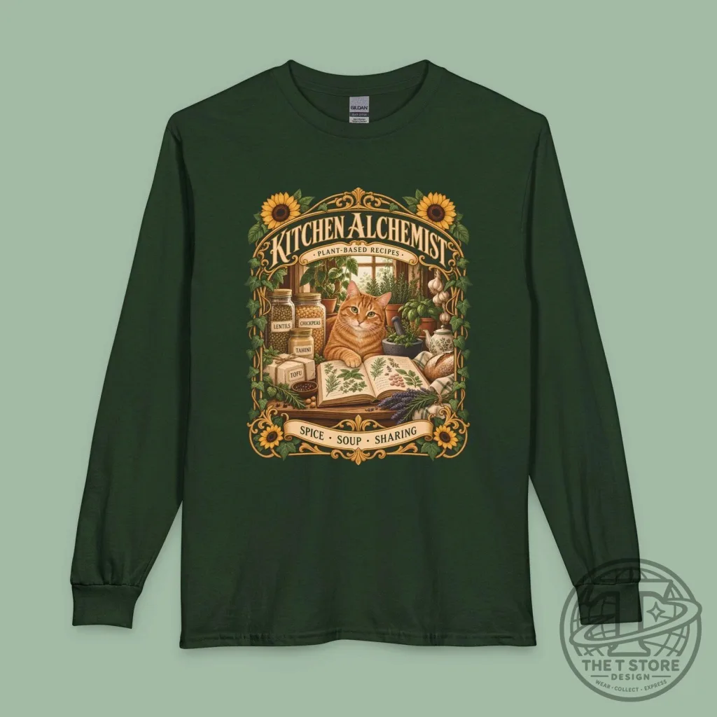 Kitchen Alchemist Plant-Based Recipes Cat Vintage Art Long-Sleeve T-Shirt Kitchen Alchemist Plant-Based Recipes Cat Vintage Art Long-Sleeve T-Shirt