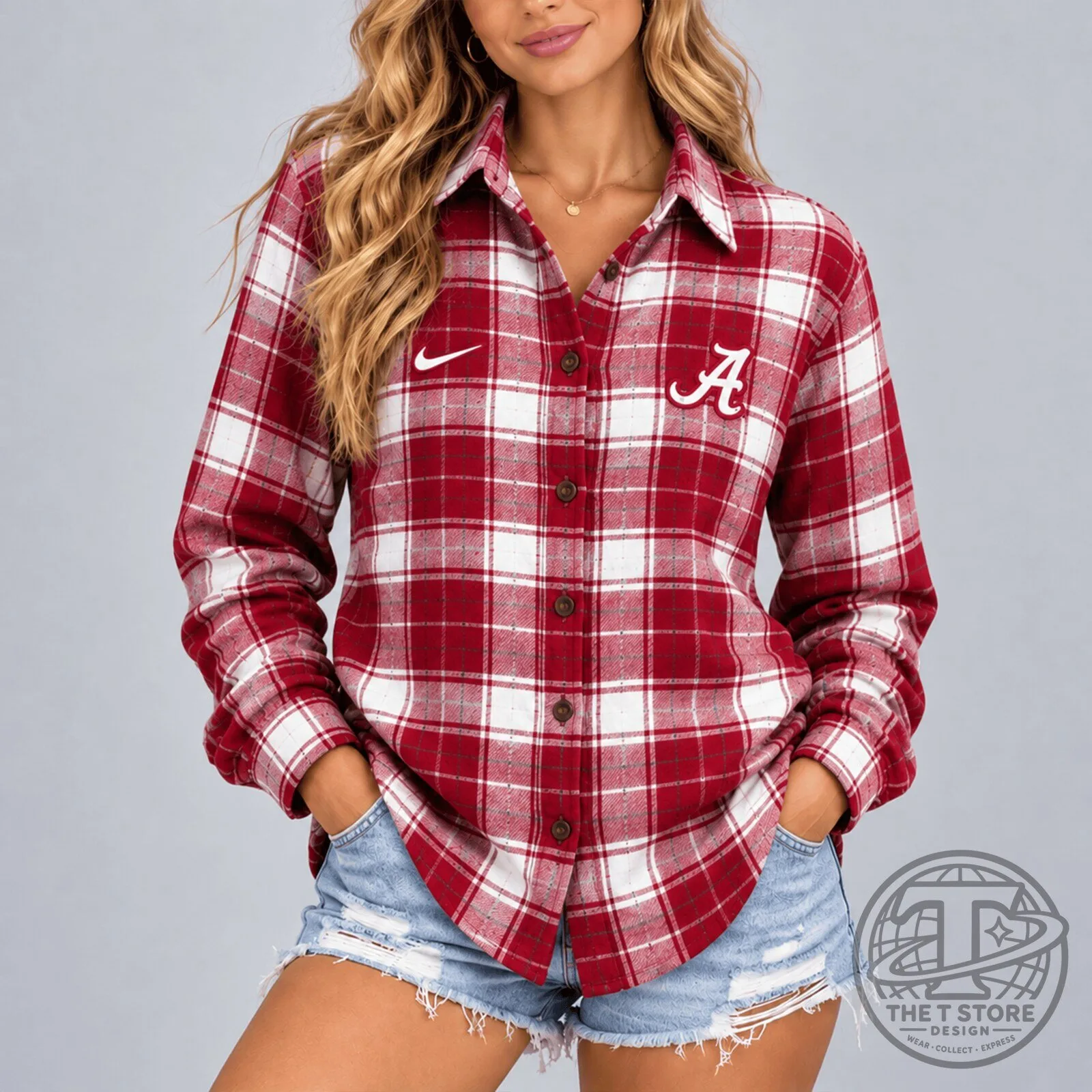 Alabama Crimson Tide Plaid Long Sleeve Button Down Flannel Shirt for Women