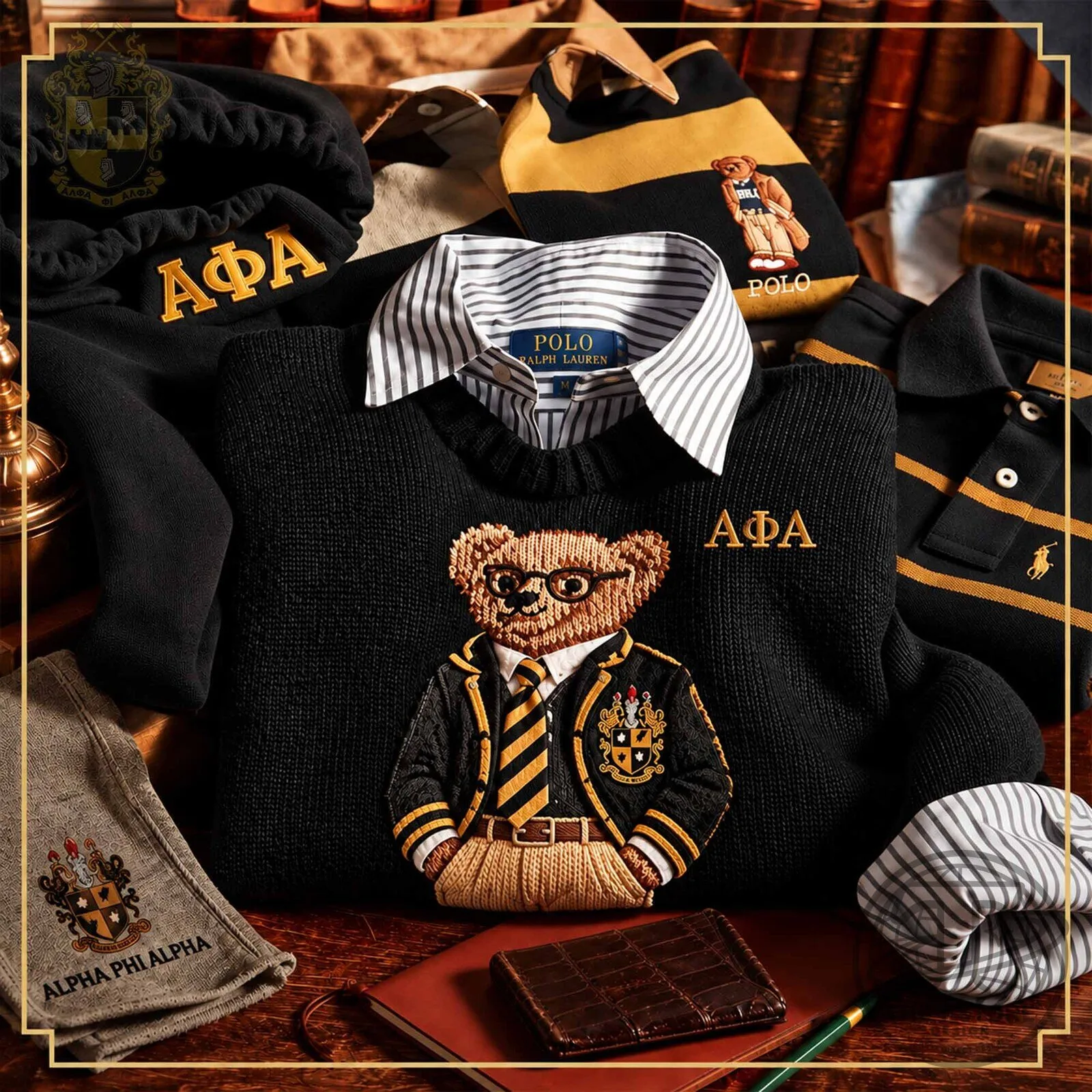Alpha Phi Alpha Fraternity Polo Bear Embroidered Black Pullover Sweater
