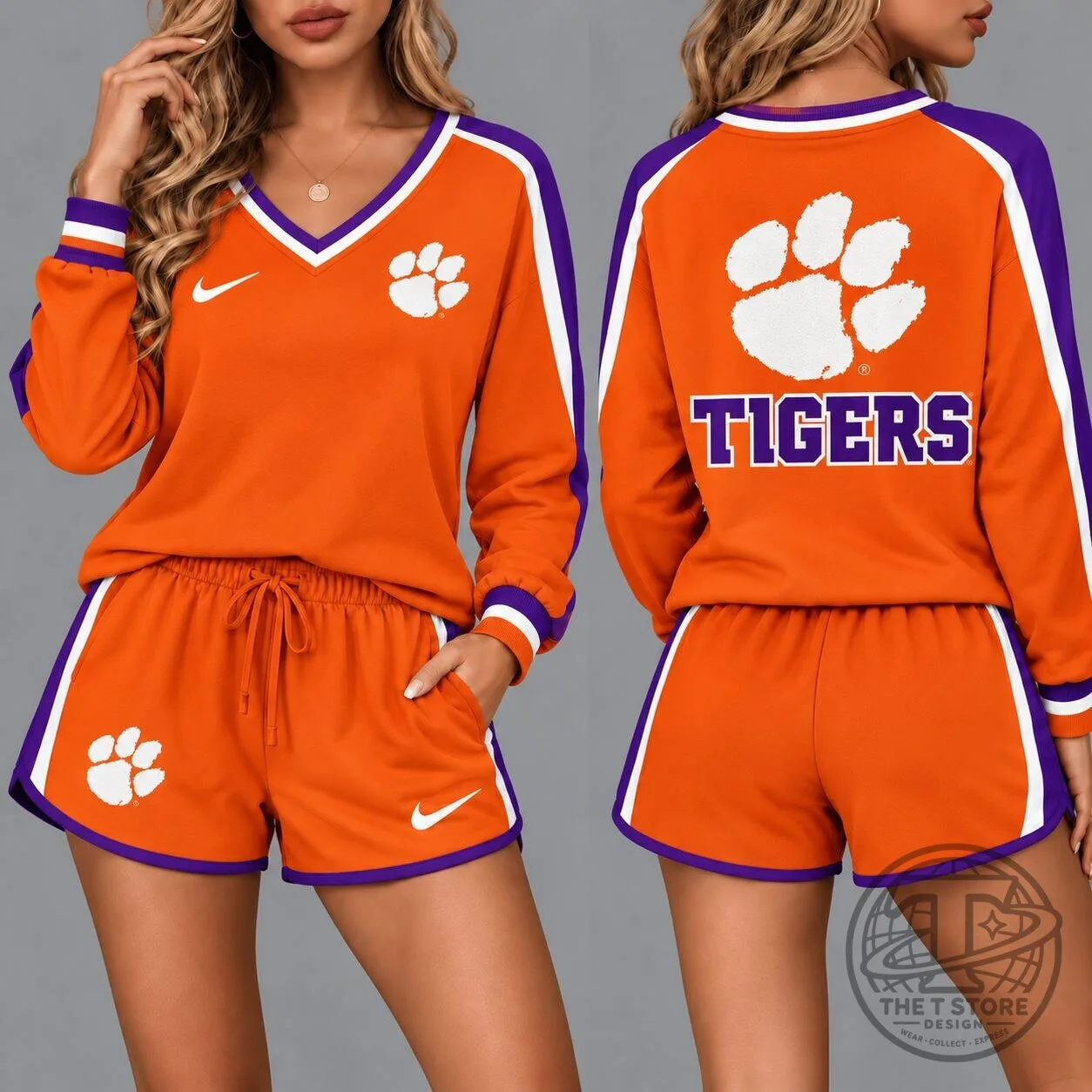 Clemson Tigers Women's Orange Paw Print Long Sleeve and Shorts Set
