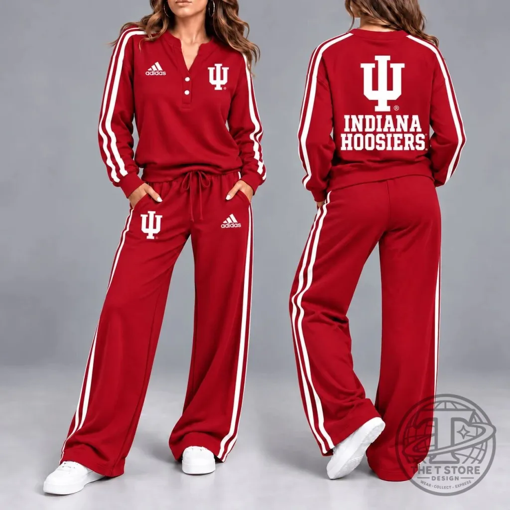 Indiana Hoosiers Adidas Red Long Sleeve Henley Top and Wide Leg Sweatpants Set Indiana Hoosiers Adidas Red Long Sleeve Henley Top and Wide Leg Sweatpants Set