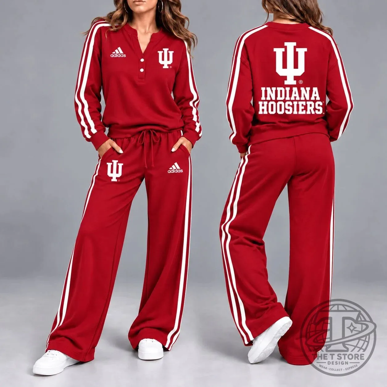 Indiana Hoosiers Adidas Red Long Sleeve Henley Top and Wide Leg Sweatpants Set