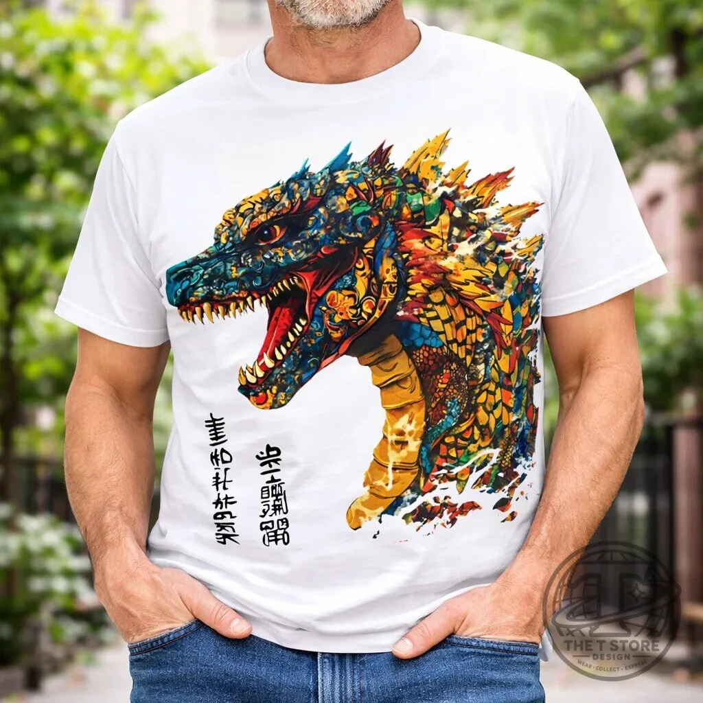 Godzilla Colorful Dragon Head Japanese Art Graphic T-Shirt 1 Godzilla Colorful Dragon Head Japanese Art Graphic T-Shirt