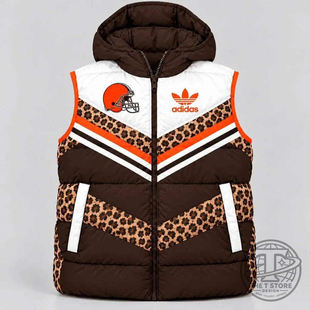 Cleveland Browns Leopard Print Puffer Vest with Hood for Women Cleveland Browns Leopard Print Puffer Vest with Hood for Women