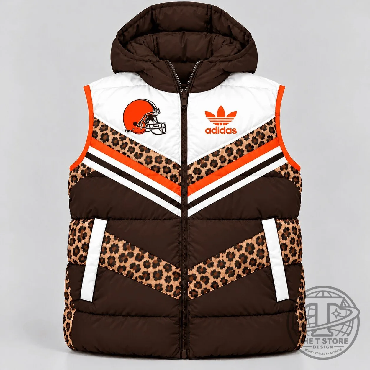 Cleveland Browns Leopard Print Puffer Vest with Hood for Women