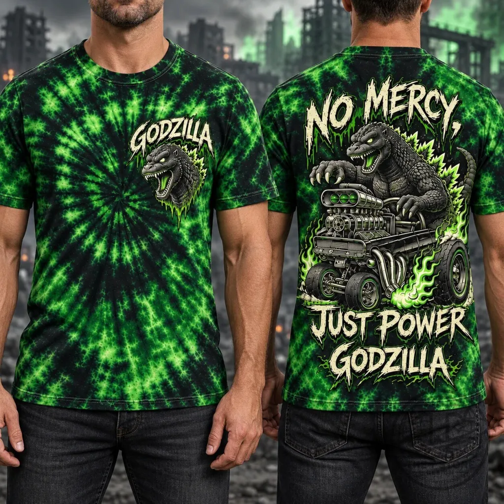 Godzilla No Mercy Just Power Monster Truck Green Tie-Dye T-Shirt Godzilla No Mercy Just Power Monster Truck Green Tie-Dye T-Shirt