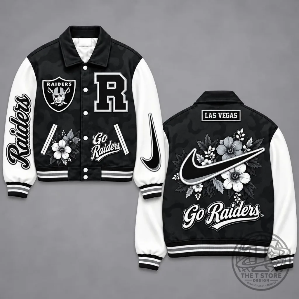Las Vegas Raiders Floral Varsity Jacket with Embroidered Logo and Flowers Las Vegas Raiders Floral Varsity Jacket with Embroidered Logo and Flowers